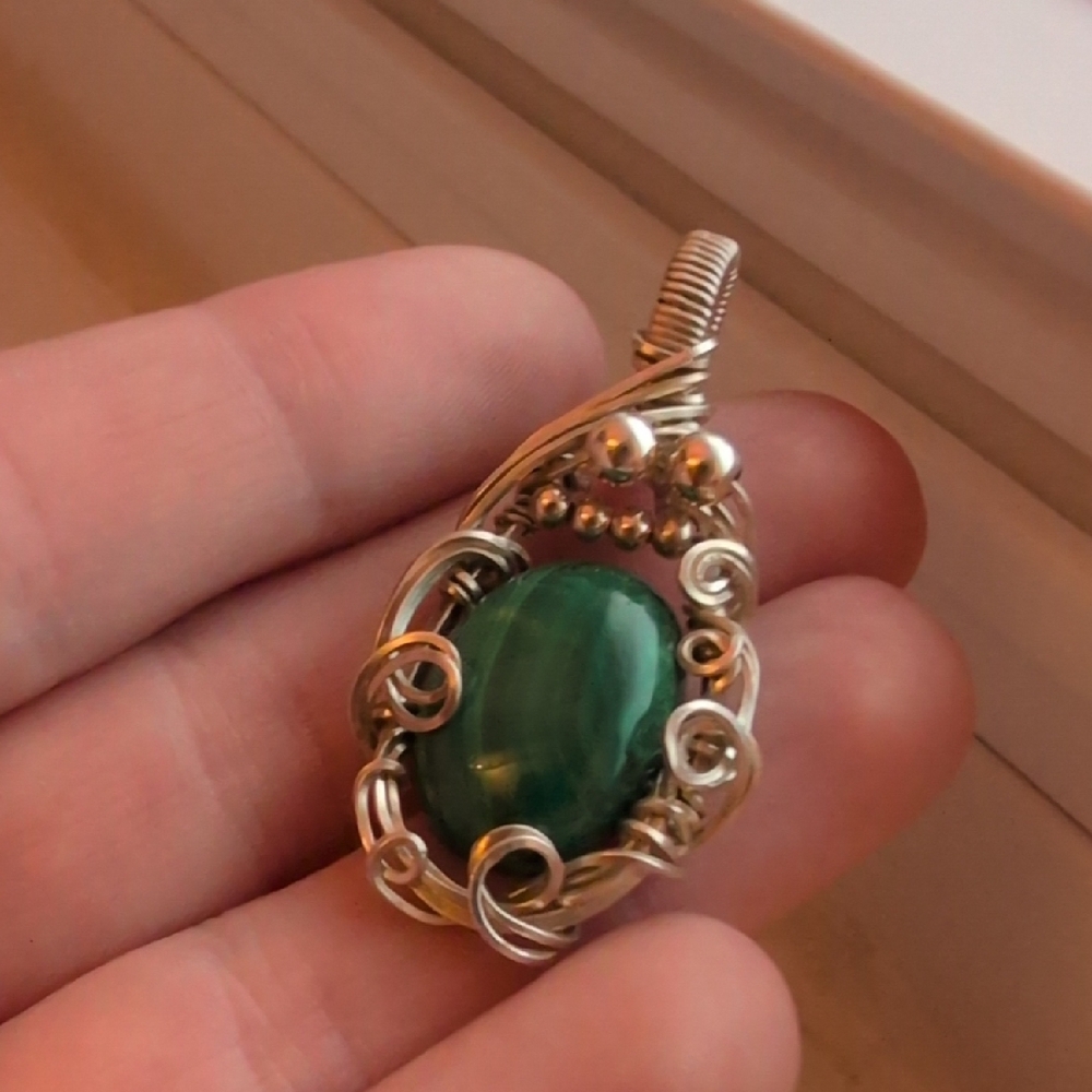 Silver Malachite Wire Wrapped Pendant - Picture 3 of 7